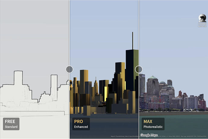 Standard Outline vs Shaded Enhanced vs Photorealistic Buildings